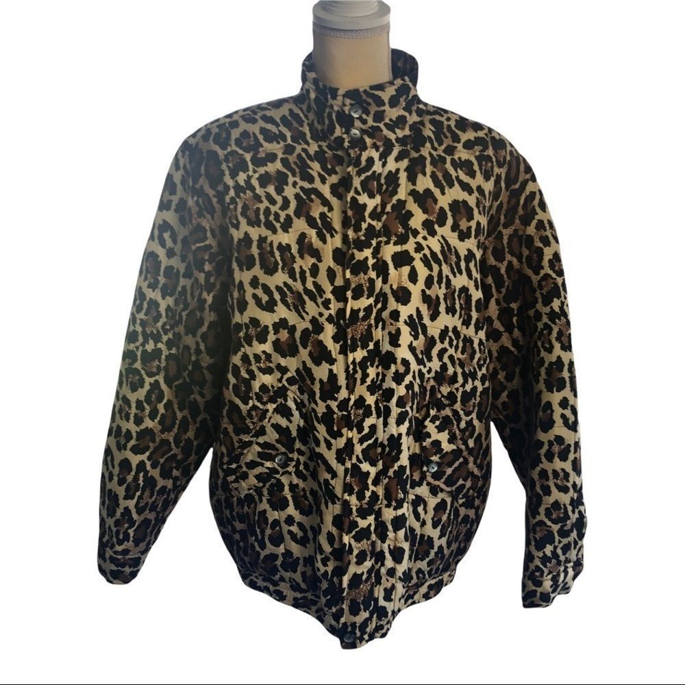 CLIO Vintage 100% Silk Leopard Print High Neck Zip Up Winter Jacket Size Medium